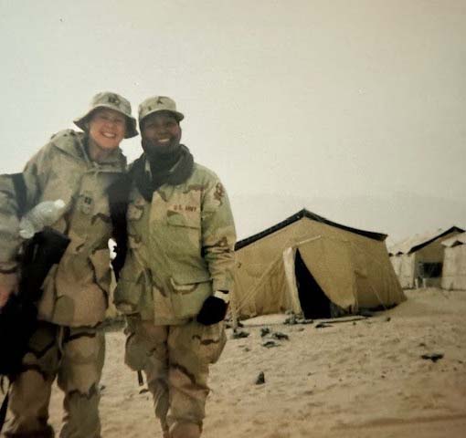 ur company flew to Kuwait where we awaited transportation to Iraq. The women shared a small temper tent and we slept in toasty warm sleeping bags on cots. The sandstorms tested the durability of our housing arrangements. But the storms did not discourage me from trekking the mile to the chow hall for a warm meal. I ate beside soldiers from Poland, Australia, and even some from Mongolia. Kuwaiti yoghurt, kiwi, and ice cream made the living accommodations more tolerable.<br />
 </p>
<p>Some of the troops traveled by convoy to Balad, Iraq, while others flew on Cry Baby Airlines, Kuwait; the Air Force’s name for their C130 flights. I appreciated my year training as a flight attendant. Fortunately, I did not lose my lunch during the tactical maneuvers to avoid rocket fire during landing. Some of the others were not as lucky.</p>
<p> <br />
Our company split up into teams to offer coverage for all the troops throughout Iraq. I flew advanced party to Mosul to reserve lodging for the rest of my nine-member team. The previous Combat Stress Unit arranged for two-man trailers to live in, and we even had hot shower trailers and flushing toilets<br />
