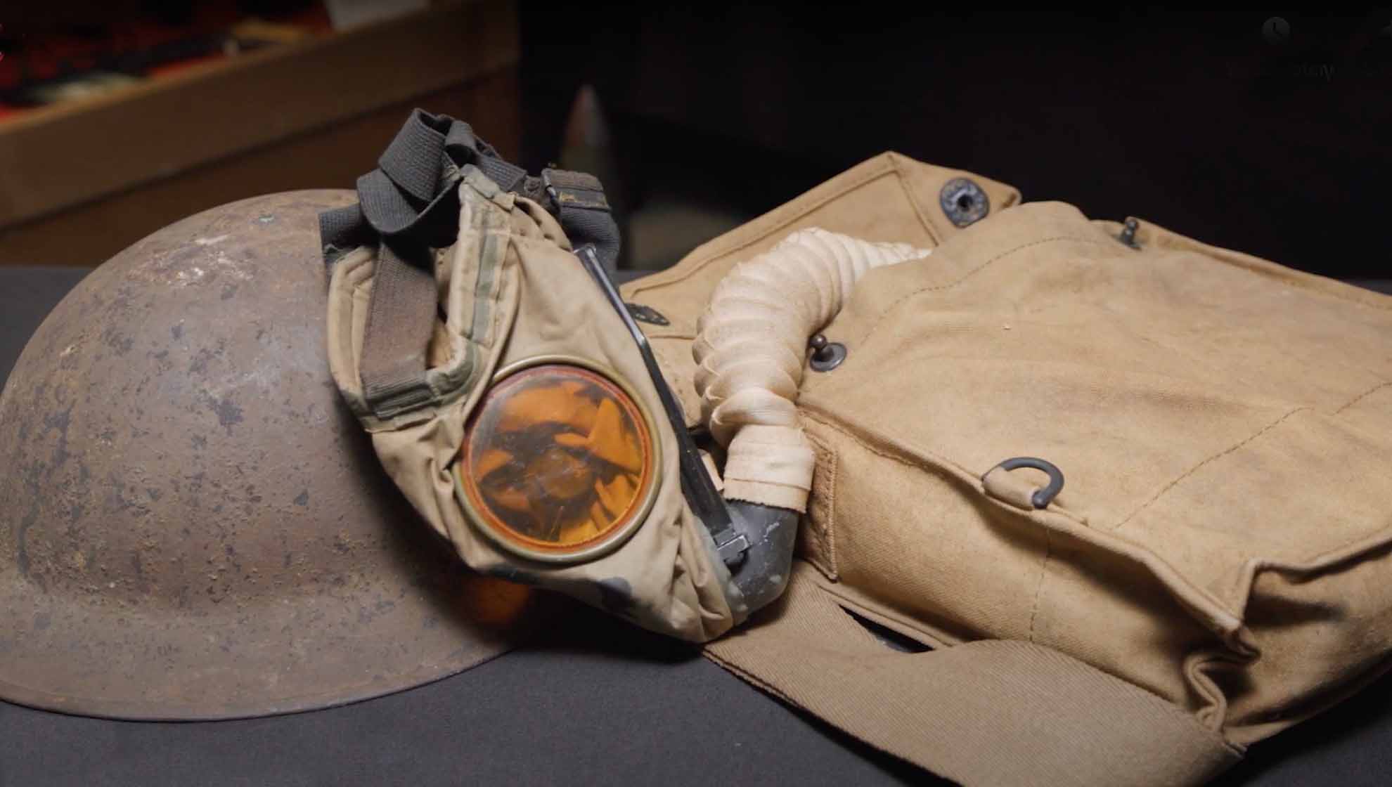 wwi helmet and gas mask